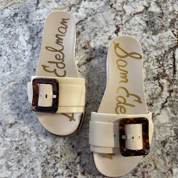 Sam Edelman Cream Slide Sandals with Tortoise Accent - Picture 1 of 6